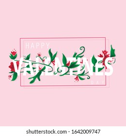Happy Valentines day greeting card  version 2 with pink background, frame, flowers and leaves on font - Vector illustration eps 10 