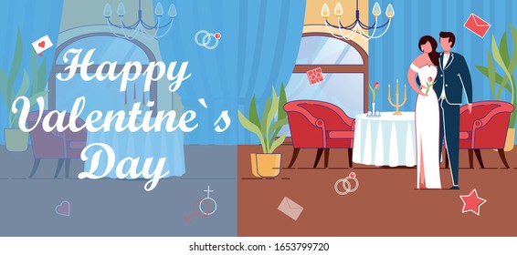 Happy Valentines Day Greeting Card with Groom and Bride Characters in Wedding Dress and Suit in Restaurant. Peoples Relationships, Love Romantic Affair and Marriage. Flat Cartoon Vector Illustration.