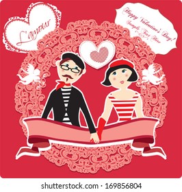 Happy Valentine's Day greeting card with french couple