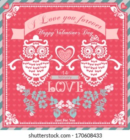 Happy Valentine's Day Greeting Card with Owls, vector illustration 