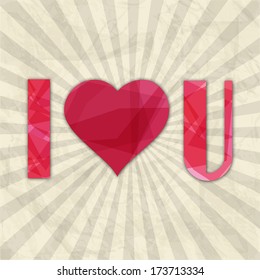 Happy Valentines Day greeting card with stylish red text I Love You and heart on brown rays background. 