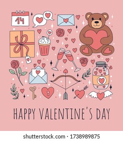 Happy valentines day greeting card with gifts vector illustration. Symbols of love holiday teddy bear, cakes, hearts, wine glasses flat style design. Feast of Saint Valentine concept. Isolated on pink