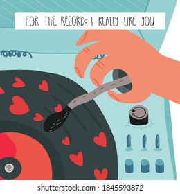 Happy Valentine's Day greeting card design. A turntable player and a hand putting the sound pick-up on Retro music vinyl record with hearts and funny lettering For the record, I really like you.