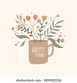 Happy Valentine's Day greeting card. Floral square template with hand drawn lettering. Good for social media posts, mobile apps, banners design and web/internet ads. Flat vector illustration