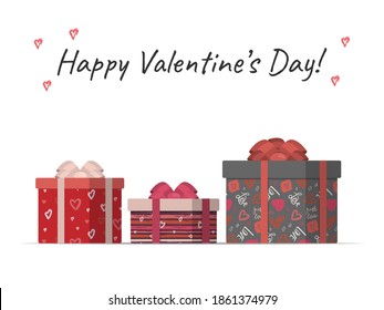 Happy Valentines Day. Greeting card with gift boxes in beautiful paper and bows . Vector illustration.