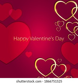 Happy valentine's day greeting card. Pattern of red and gold hearts on a gradient background. Valentine's love card.