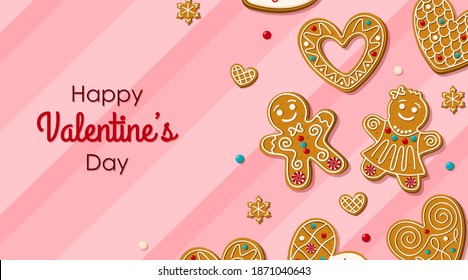 Happy Valentine's Day greeting card with gingerbread man and hearts in glaze. Homemade cookies for a romantic dinner on a pink background. Vector illustration