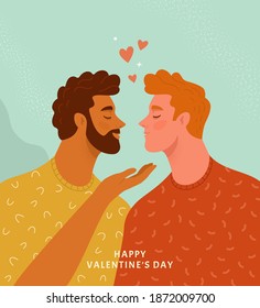 Happy Valentine's Day Greeting Card for gays. Vector illustration of two men in yellow and red t-shirts facing each other. Isolated on light blue background