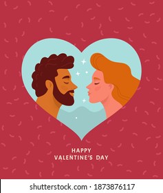 Happy Valentine's Day greeting card. Vector illustration of man and woman portraits in trendy flat style inside a light blue heart. Isolated on red textured background