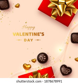 Happy Valentines day greeting card. 3d realistic gift box, metal hearts, sweets and lights garland. Beige background, love concept. Vector.