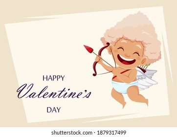 Happy Valentines day greeting card with cute funny Cupid Angel shooting love arrow. Smiling Amur baby cartoon character. Stock vector illustration