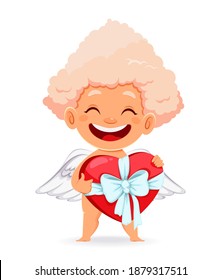 Happy Valentines day. Greeting card with cute funny Cupid Angel holding a gift box in shape of a heart. Amur baby cartoon character. Stock vector illustration