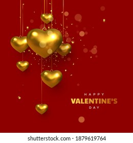 Happy Valentines Day greeting card. Golden metal 3d hanging hearts with tinsel. Decorative design element for wedding, Valentines day, love concept. Vector.