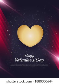 Happy Valentine's Day greeting card with 3d gold hearts and glitter effect on dark background. Holiday gift card. Romantic background with 3d decorative objects. Vector illustration