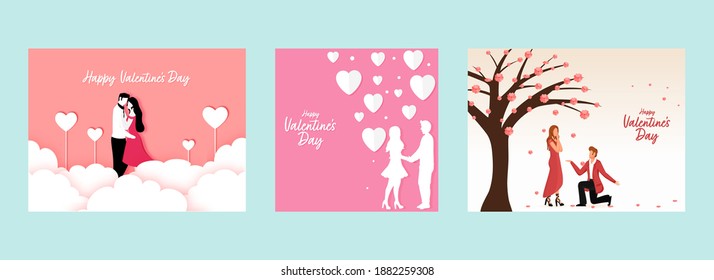 Happy Valentine's Day Greeting Card With Loving Couple Illustration In Three Color Options.