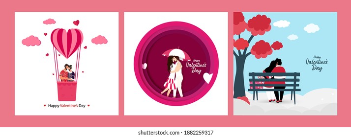 Happy Valentine's Day Greeting Card Or Poster Design In Three Options.