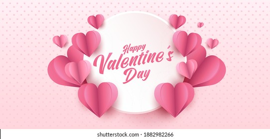 Happy Valentine's Day greeting card design. Holiday banner with paper art style heart shapes. Paper art and digital craft style illustration