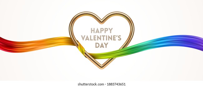 Happy Valentines Day Greeting Card. Golden Metal Realistic 3d Heart And Rainbow Ribbon. Vector Design With Love Symbol.