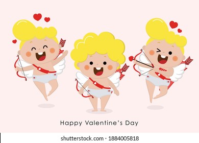 Happy Valentine's Day greeting card with cute cupid character. Love holidays cartoon collection. -Vector