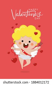 Happy Valentine's Day greeting card with cute cupid character. Love holidays cartoon collection. -Vector