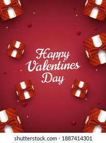Happy Valentine's Day greeting card with 3d gift boxes and hearts spread on red background. Romantic background with 3d decorative objects. Vector illustration