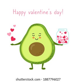 Happy valentines Day greeting card Avocado and jar hearts  Hand drawn funny cartoon character  green kawaii avocado cute smiling  Romantic flat banner love vector illustration