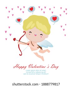 Happy Valentine's Day greeting card with cute cupid character, Love holidays Flat cartoon style vector illustration on white background forever in love