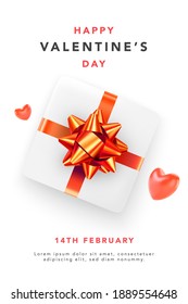 Happy Valentines Day greeting card with red hearts and gift. Vector illustration