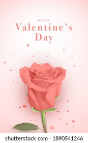 Happy Valentine's day greeting card for. 3D realistic banner with pink rose. Cute love banners or greeting cards. Vector illustration