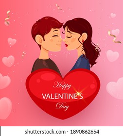 Happy Valentines day greeting card. Romantic couple standing behind red heart. Stock vector illustration on pink background