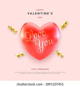 Happy Valentines Day greeting card with 3d red heart and ribbons. Vector illustration