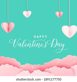 Happy valentines day greeting card in papercut realistic style. paper hearts, clouds and pearls on string. calligraphy text