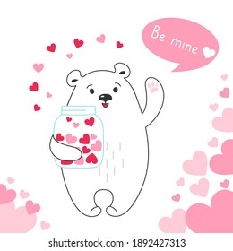 Happy valentines Day greeting card, polar bear dialog speech bubble and jar of hearts. Draw doodle cartoon style. Romantic banner cute bear teddy. Design for print, about love vector illustration