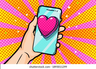 Happy Valentine's day greeting card. Sending love message in pop art style. Hand holding phone with love heart on screen. Send or receive love sms, letter, email with mobile phone.