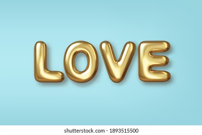 Happy Valentines Day greeting card. Realistic 3d gold metallic text on blue background. Love and wedding. Template for products, web banners and leaflets. Vector illustration