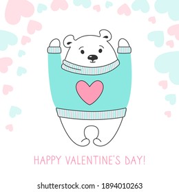 Happy valentines Day greeting card, polar bear in sweater, hearts. Draw doodle cartoon style. Romantic banner cute hand drawn bear teddy. Design for print, about love hearts vector illustration