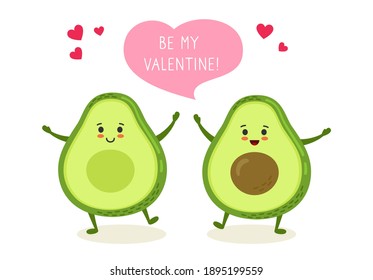 Happy valentines Day greeting card, Avocado couple with dialog speech bubble. Hand drawn funny cartoon character green kawaii avocados with pink hearts. Romantic banner love vector illustration
