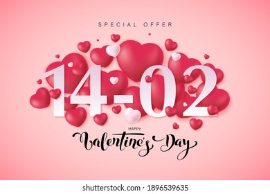 Happy Valentine's Day greeting card design with frame, gift bow and different patterns hearts, vector illustrtation