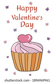 Happy valentines day greeting card, banner in doodle style. With a cupcake and a heart inside with small flowers in the background. Linear illustration on a white background.