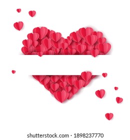 Happy Valentine's Day greeting card, Red heart composed of lots of paper hearts with a long horizontal space in the middle to place the text, Vector illustration