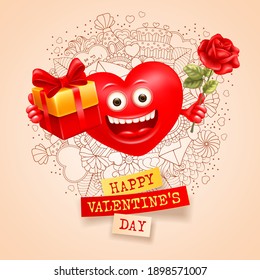 Happy Valentines day greeting card with cheerful enamored realistic heart, which holds gift box and rose. Hand drawn circle pattern on beige background. Humorous style. Vector illustration EPS10.