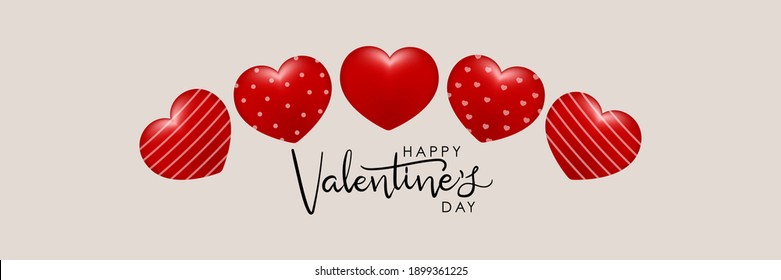 Happy Valentine's Day greeting card. Cute red hearts and calligraphy hand written. Love holidays background.