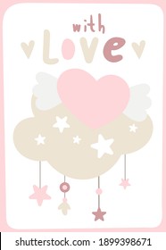 Happy Valentines day greeting card – heart on cloud. Lettering With love. Vector illustration for celebration.