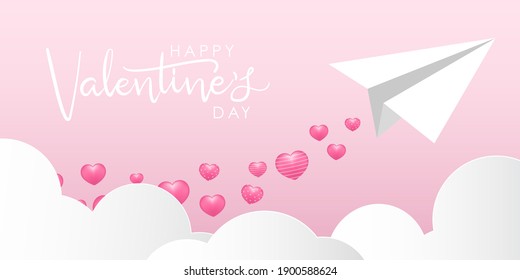 Happy Valentine's Day greeting card. Cute pink hearts and paper plane. Love holidays background.
