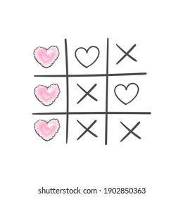 Happy Valentines Day Greeting Card. Tic Tac Toe Game With Criss Cross And Hearts. Hand Drawn. Vector Illustration