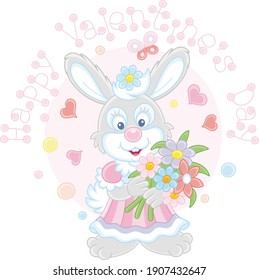 Happy Valentines Day, a greeting card with a cute little enamored bunny happily smiling and holding a bouquet of colorful flowers, vector cartoon illustration isolated on a white background