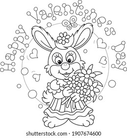 Happy Valentines Day, a greeting card with a cute little enamored bunny happily smiling and holding a bouquet of flowers, black and white outline vector cartoon illustration