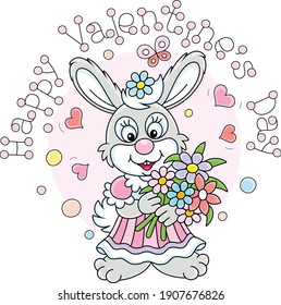 Happy Valentines Day, a greeting card with a cute little enamored bunny happily smiling and holding a bouquet of colorful flowers, vector cartoon illustration isolated on a white background