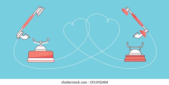 Happy Valentines day greeting card. Red vintage phone with hearts and love quote on blue background illustration. Flat Art Vector illustration