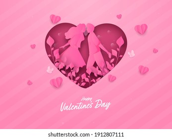 Happy Valentine's Day Greeting Card With Paper Cut Loving Couple, Leaves And Hearts Decorated On Pink Stripe Background.